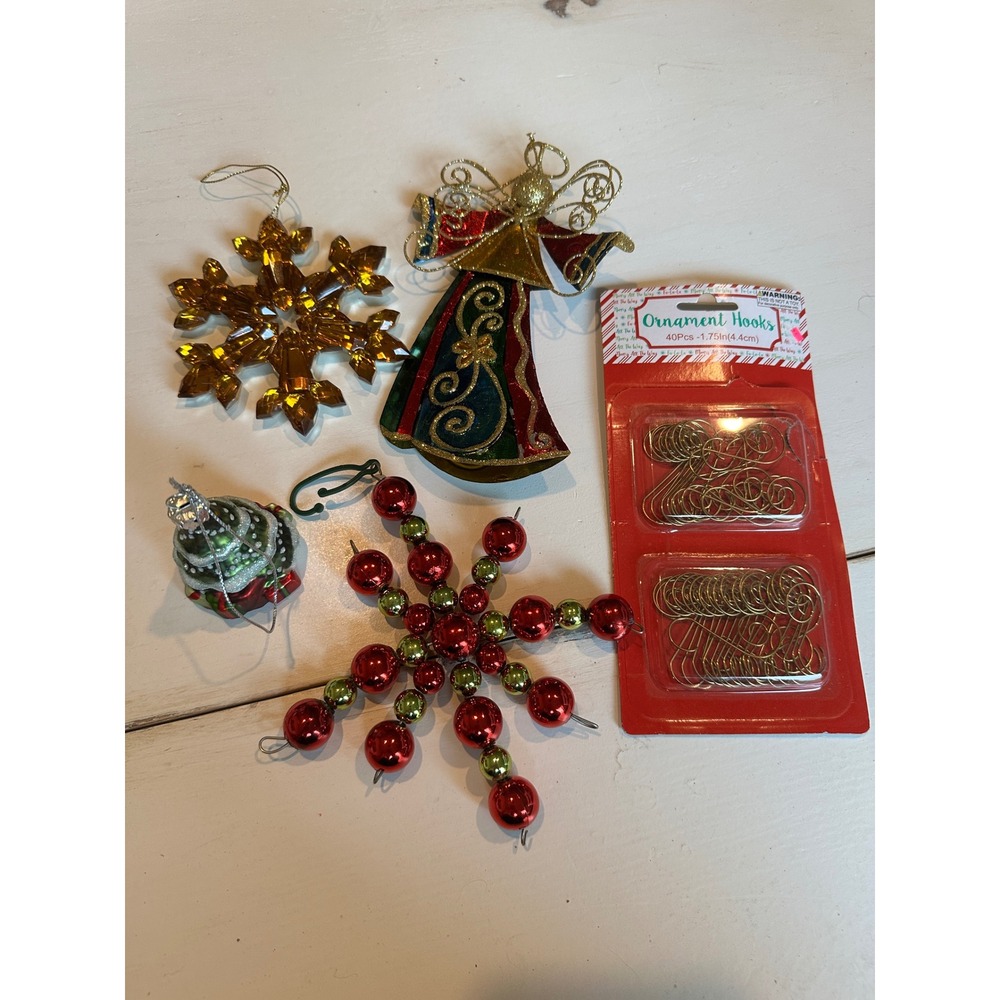 Mixed Christmas Ornament Lot Angel Beaded Snowflake & 40 Gold Ornament Hooks